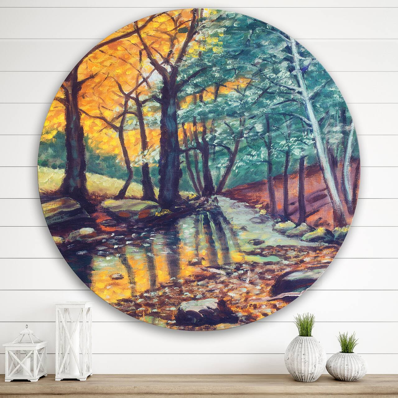 Designart - Landscape With River In Autumn Forest Sunset - Traditional Metal Circle Wall Art